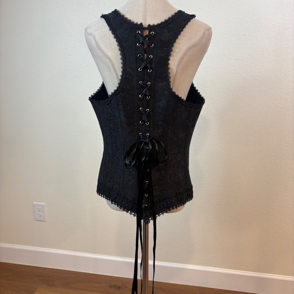 iCollection Corset Top Women Size 44 Black Floral Jacquard Lace Trim Goth Vamp - Picture 6 of 8